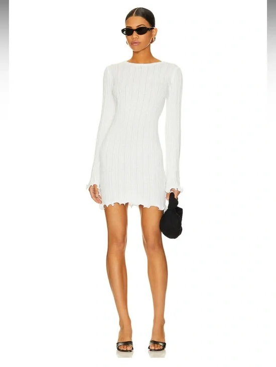 Blue Open-Back Ribbed Long-Sleeve Mini Dress - Picture 3 of 7